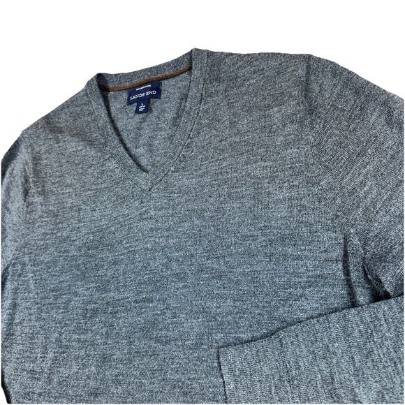 Lands' End 100% PURE Merino WOOL Sweater Men's L 42-44Grey Pullover V-Neck - Picture 1 of 7